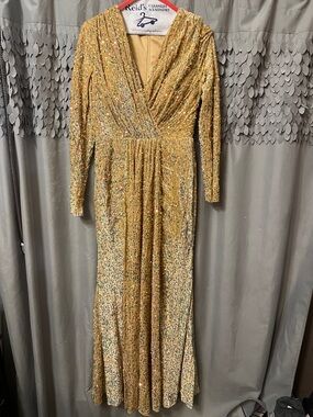 Prom Gold yellow Sequin V-Neck Long Sleeve Evening Dress